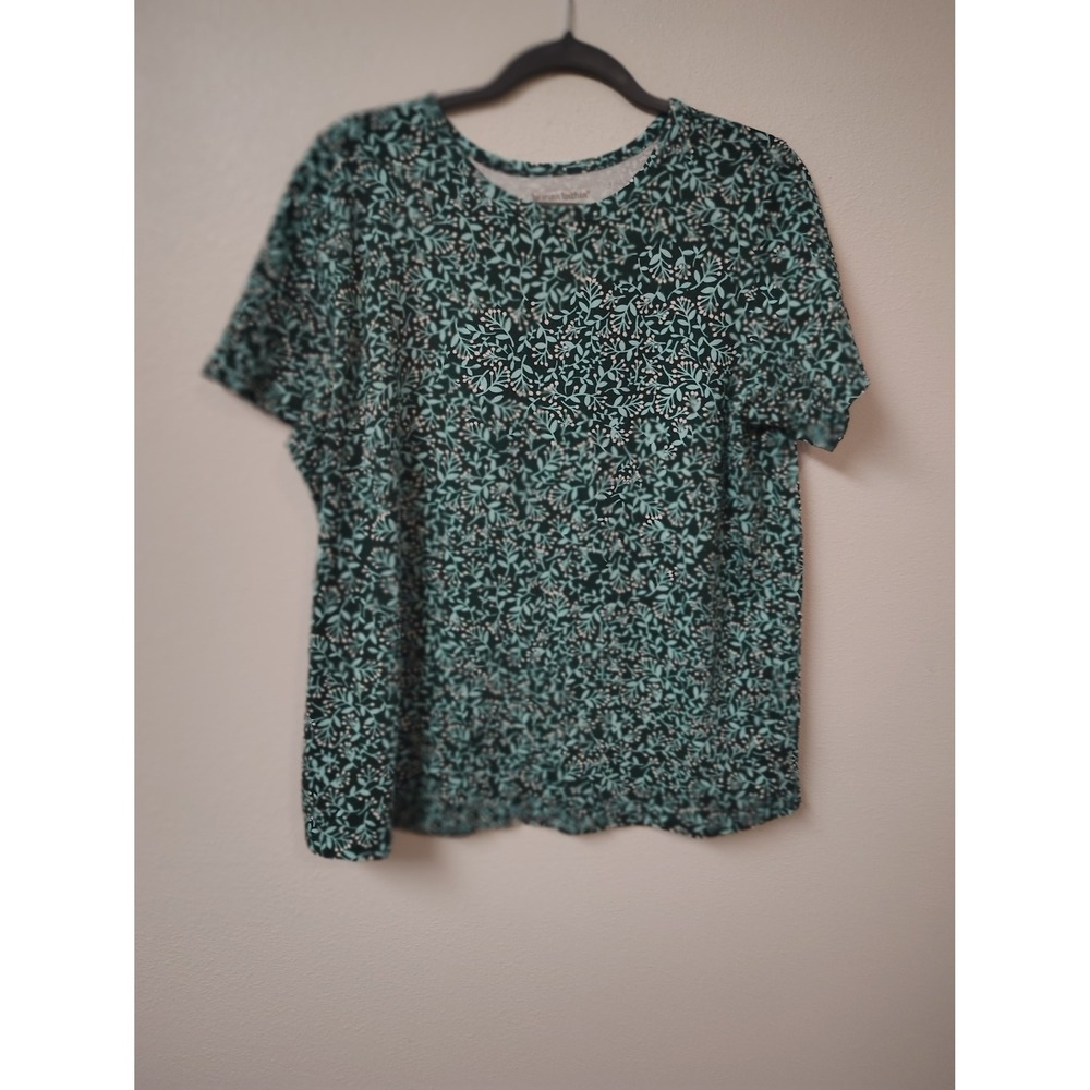 Woman Within Green Floral Leaf Print Short Sleeve T-Shirt Size L 18/20 Crewneck
